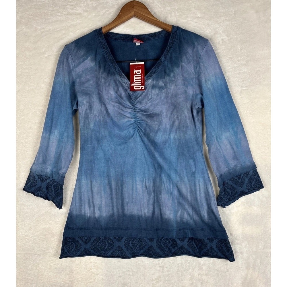 VTG Glima Womens S Top Blue Tie Dye Ruched Boho Y2K 3/4 Sleeve Festival Shirt